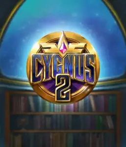 Explore the captivating graphics of Cygnus 2 Slot by ELK Studios, showcasing a stunning emblem with a shining design in purple and gold. Set against a starlit library backdrop, this image evokes the essence of mystical exploration. 